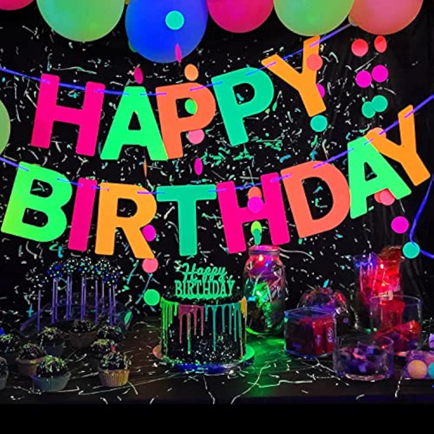 Neon 'Happy Birthday' Banner, Uv Glow Party Supplies & Decorations, Neon Color, Letter Print, 118.08 X 8.7 Inches, Birthday Occasion