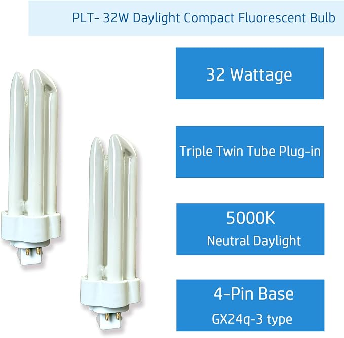 PLT 32W Triple Tube Fluorescent Light Bulbs 6 Pack 5000K Daylight GX24-3 4 Pin Base