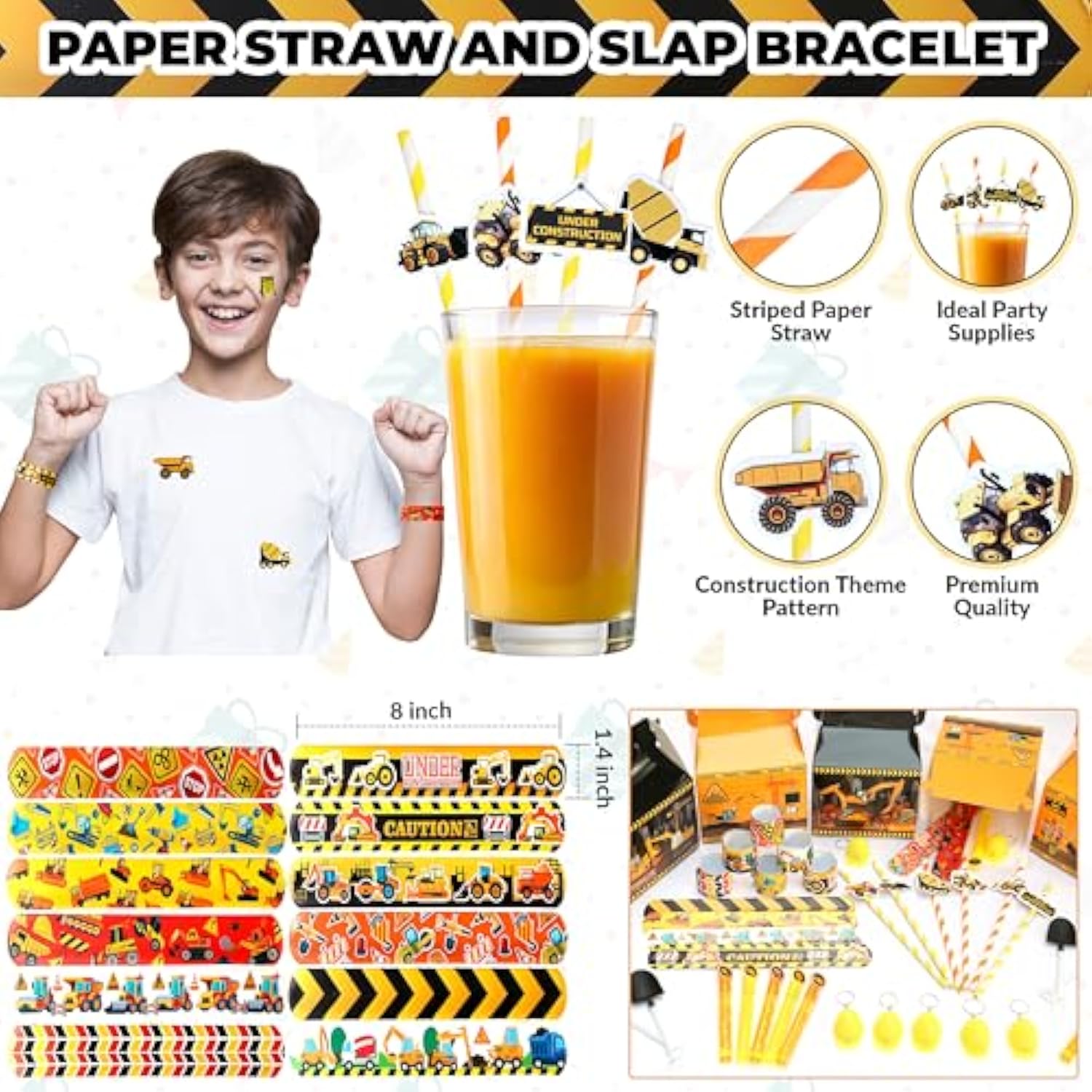 Construction Party Favors 84 Pc Under Construction Straw Slap Bracelet Stickers Dumper Truck Treat Box For Kids Birthday Supply