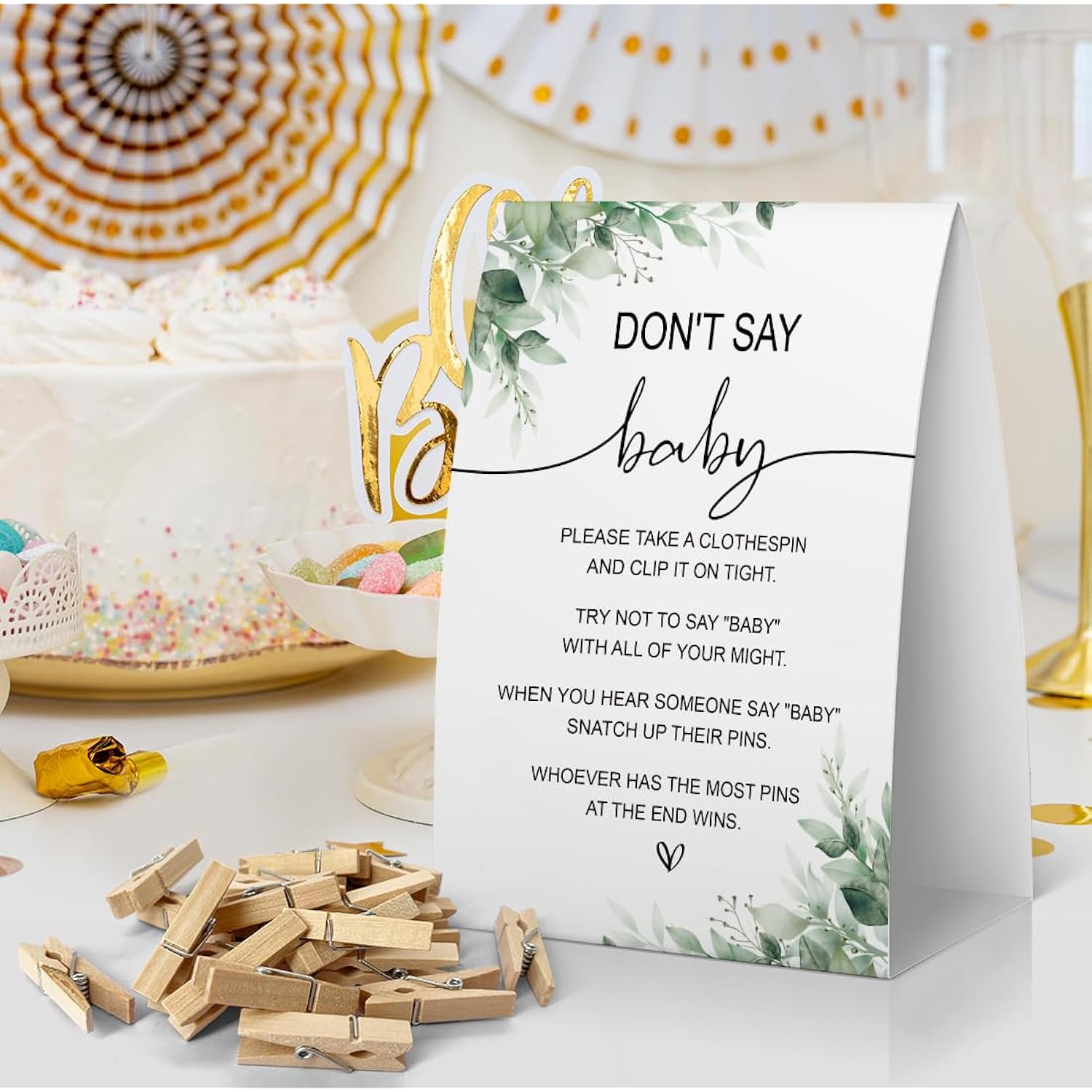 Don'T Say Baby Baby Shower Game, Greenery Baby Shower Decoration, Greenery Don'T Say Baby Sign, Fun Baby Shower Games, Clothespins For Baby Shower-Dsba17