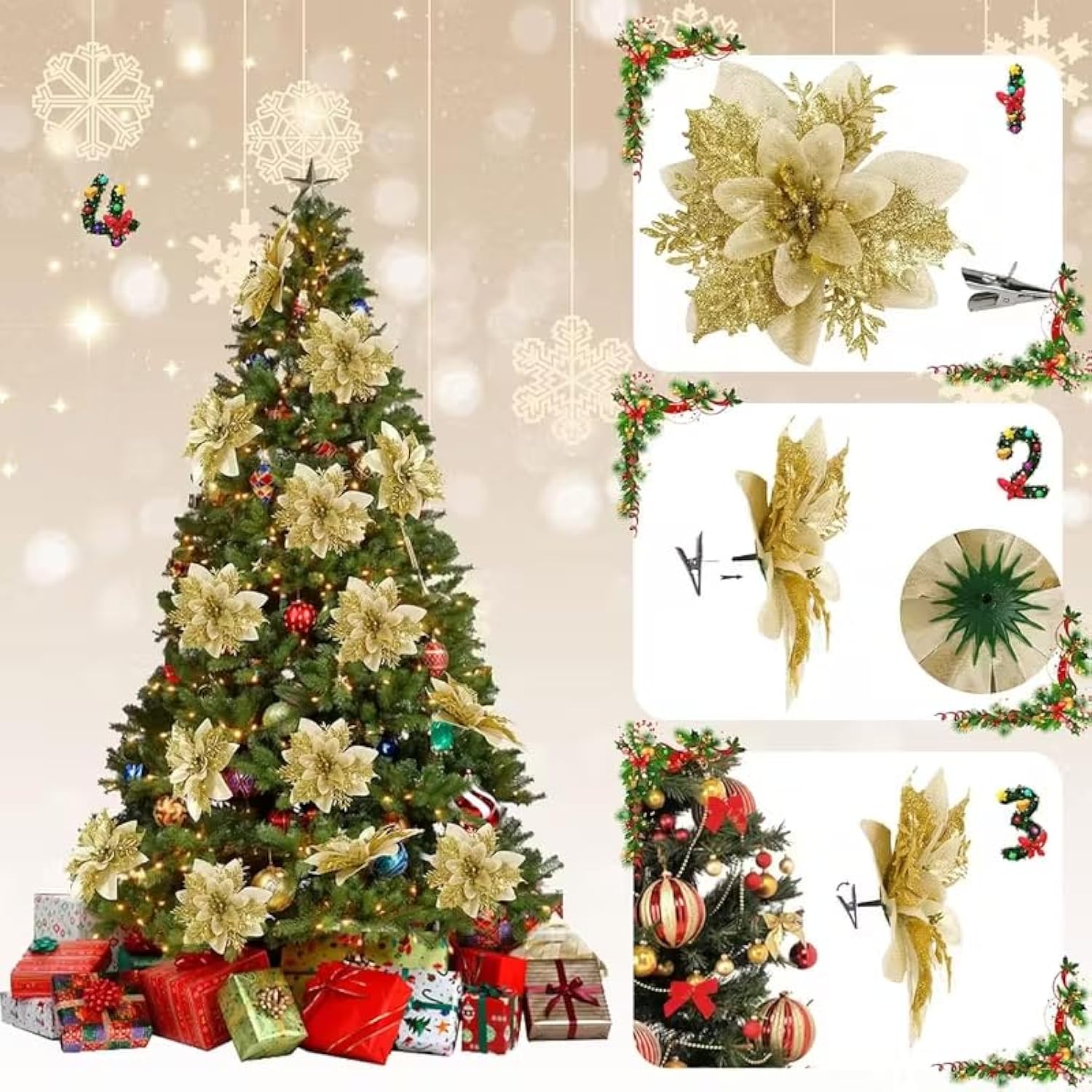 10 Pcs Christmas Artificial Flowers With Clips Stems Xmas Tree Decoration Glitter 5.5Inch Poinsettias Faux Christmas Flower For Wreath Garland New Year Wedding Home Party Ornament, (Gold)
