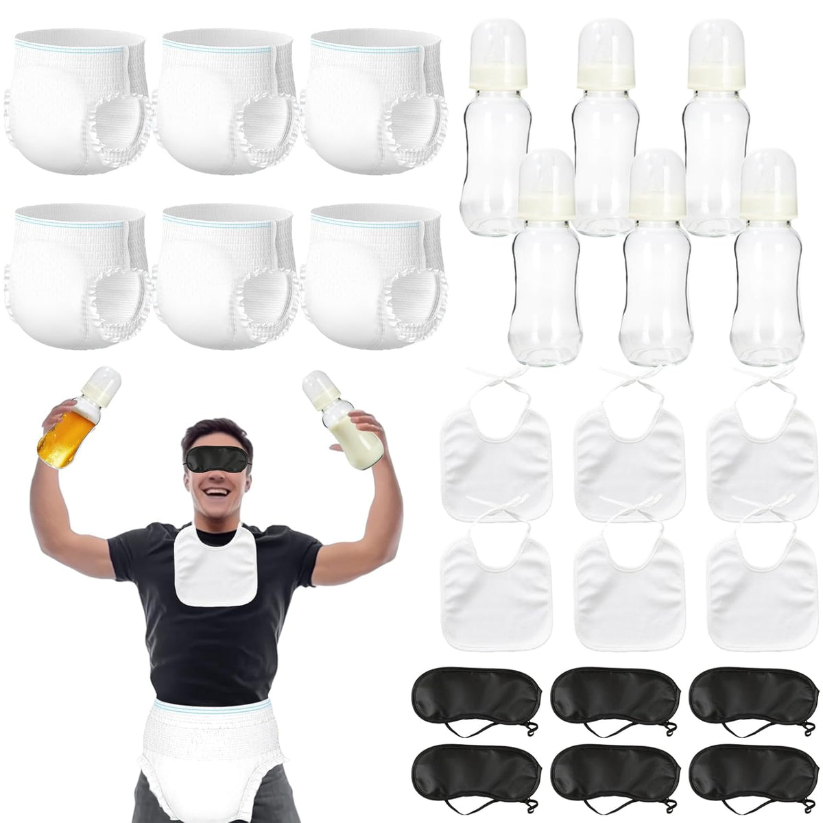 6 Sets Bottle Chug Baby Shower Games Plastic Baby Bottles Bibs Eye Mask Disposable Diapers Gender Reveal Games Baby Changing Diaper Race Game Decorations