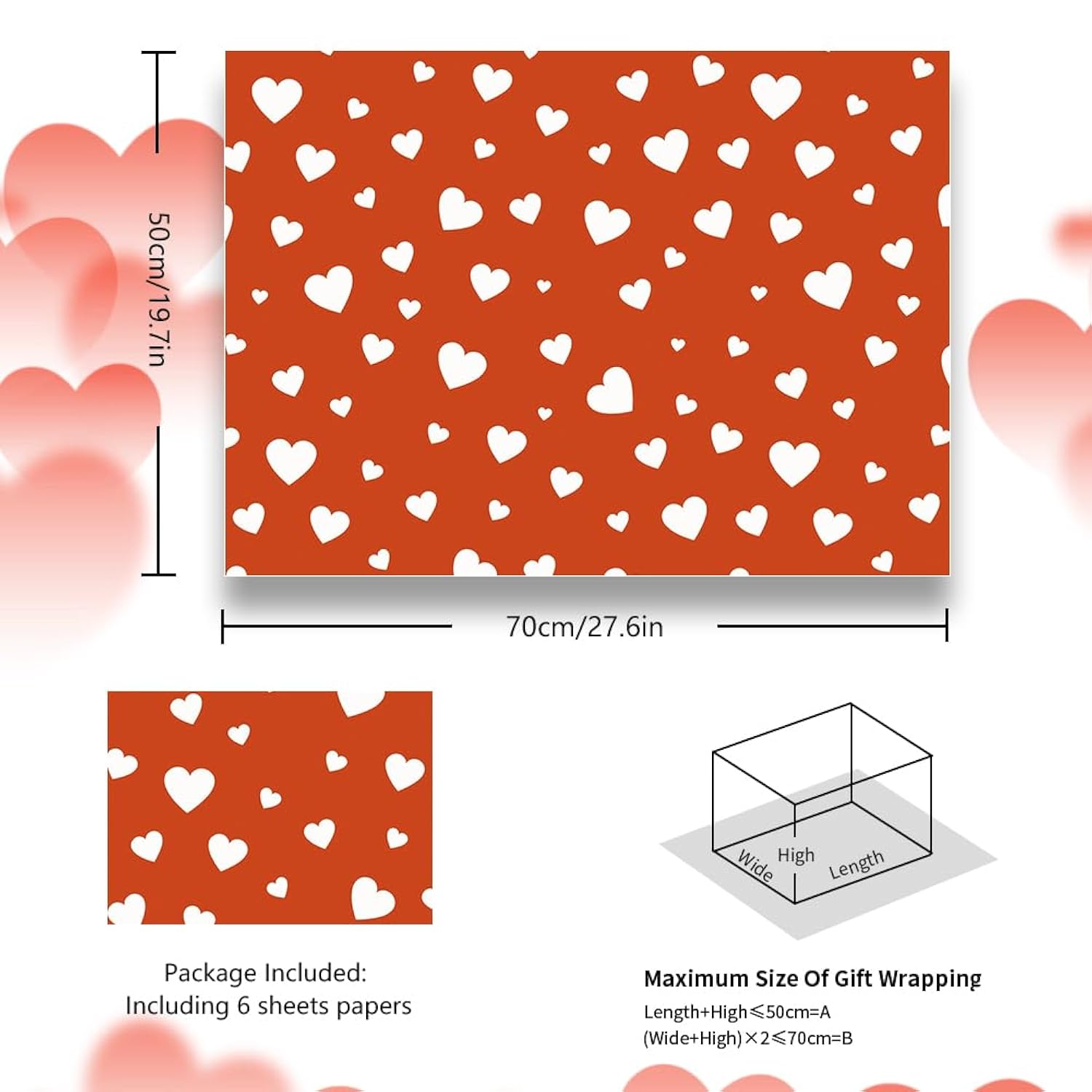 Red With Love Heart Gift Wrapping Paper,6 Sheets Love Pattern Wrapping Paper For Wedding Birthday Valentines Day Mothers Day Anniversary Women Man Girl Boy Gift Wrap Paper,27X20 Inch