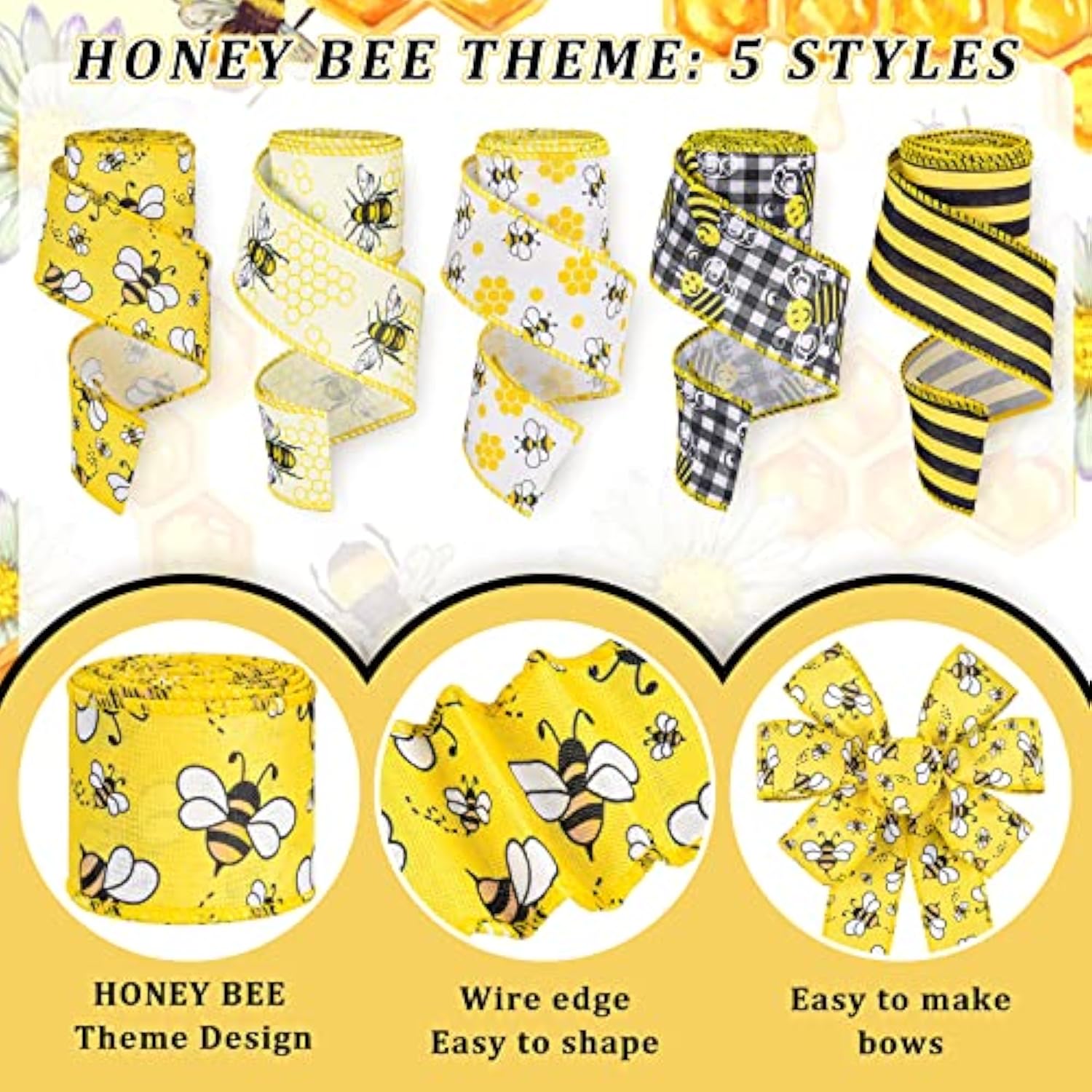 Bee Wired Edge Ribbon 30 Yards 2 Inch Yellow Black Plaid Stripe Ribbon