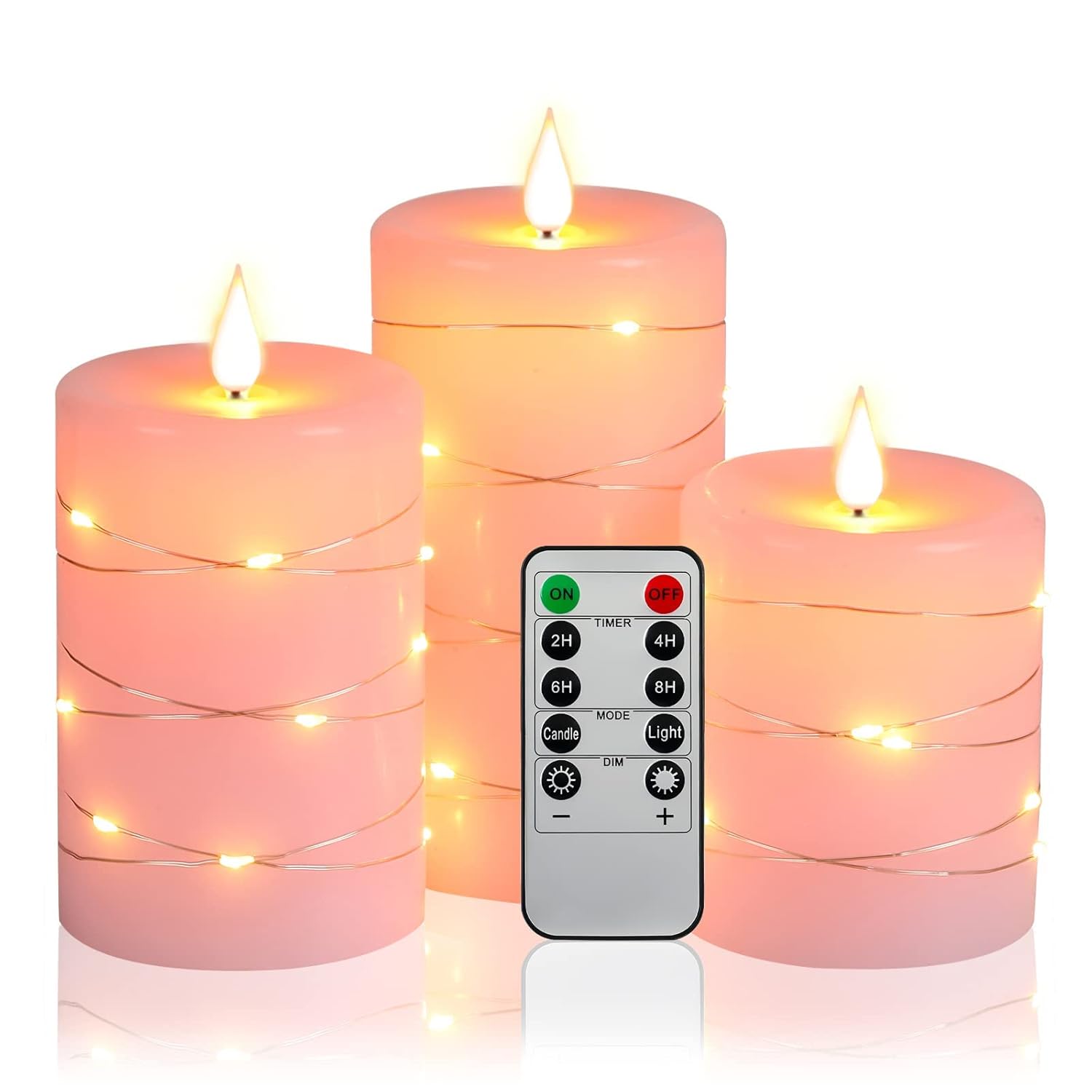 Flickering Flameless Candles With Embedded String Lights, Battery Operated Candles With Remote Control And Timer,Led Candles For Home Decoration,Real Wax, 3 Pack Pink