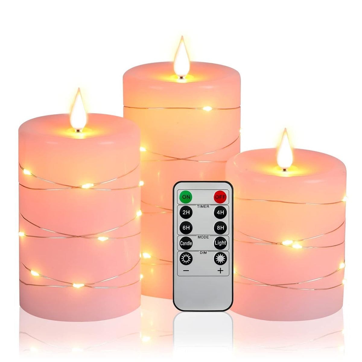 Flickering Flameless Candles With Embedded String Lights, Battery Operated Candles With Remote Control And Timer,Led Candles For Home Decoration,Real Wax, 3 Pack Pink