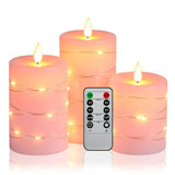 Flickering Flameless Candles With Embedded String Lights, Battery Operated Candles With Remote Control And Timer,Led Candles For Home Decoration,Real Wax, 3 Pack Pink