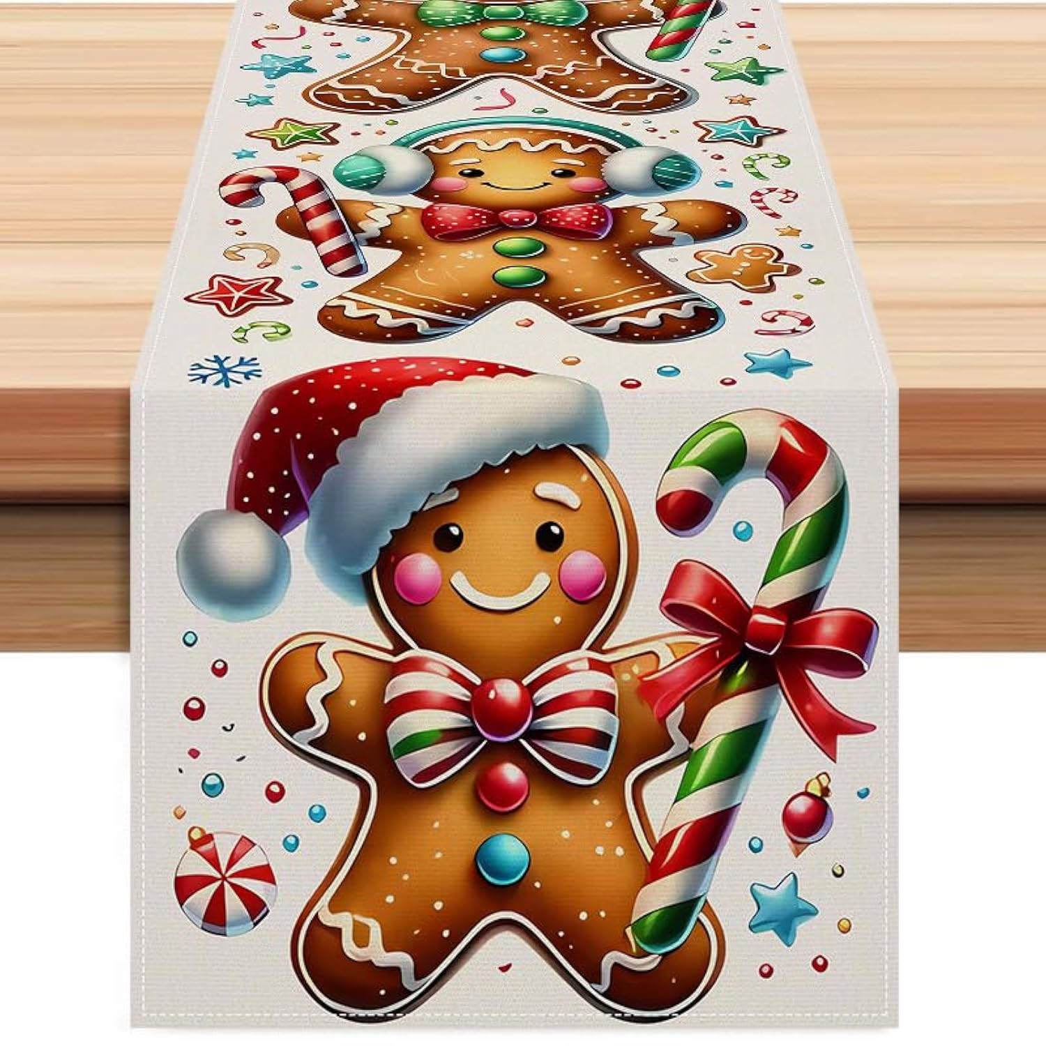Gingerbread Man Merry Christmas Table Runner, Winter Xmas Holiday Kitchen Dining Table Decoration For Home Party Decor 13X72 Inch