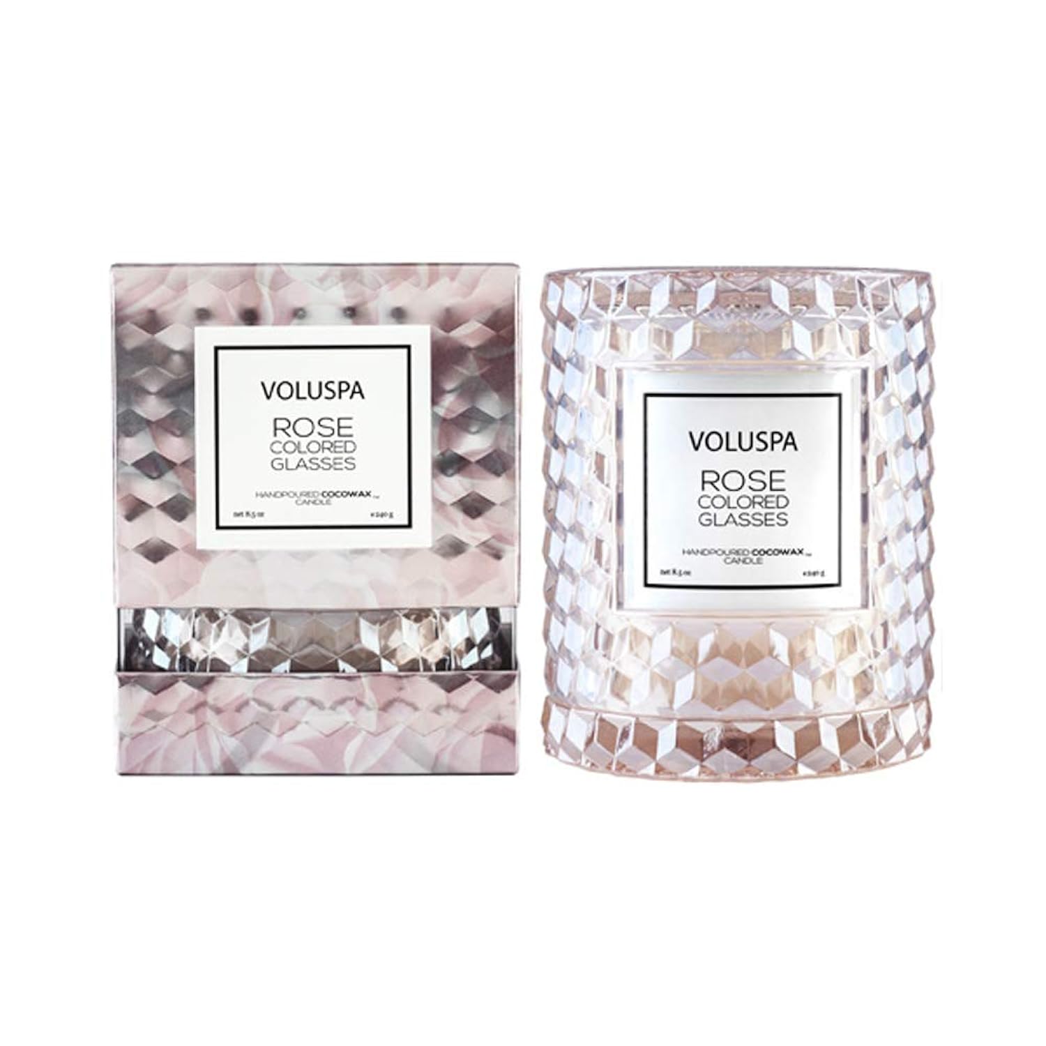 Voluspa Rose Colored Glasses, Cloche Textured Glass Candle, 8.5 Ounce, 55 Hour Burn Time, Coconut Wax for Clean Burning, Handcrafted in The USA