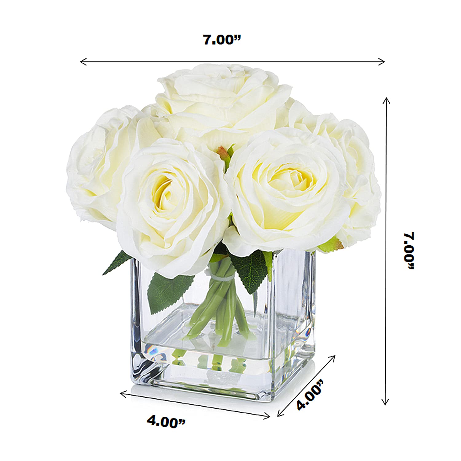 Enova Floral 7 Large Stems Artificial Silk Roses Fake Flowers Arrangement in Cube Glass Vase with Faux Water for Home Office Wedding Decoration (Cream)