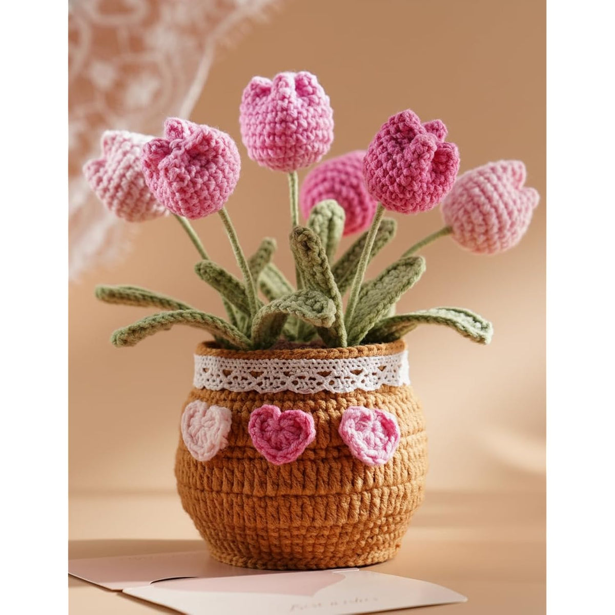 Valentines Day Gift Crochet Tulips Pot - Fully Handmade Crochet Flowers For Women, Knitted Flower Bouquet For Mom, Girlfriend, Teacher, Coworkers, Emotional Support Potted Plants Gifts, Pink