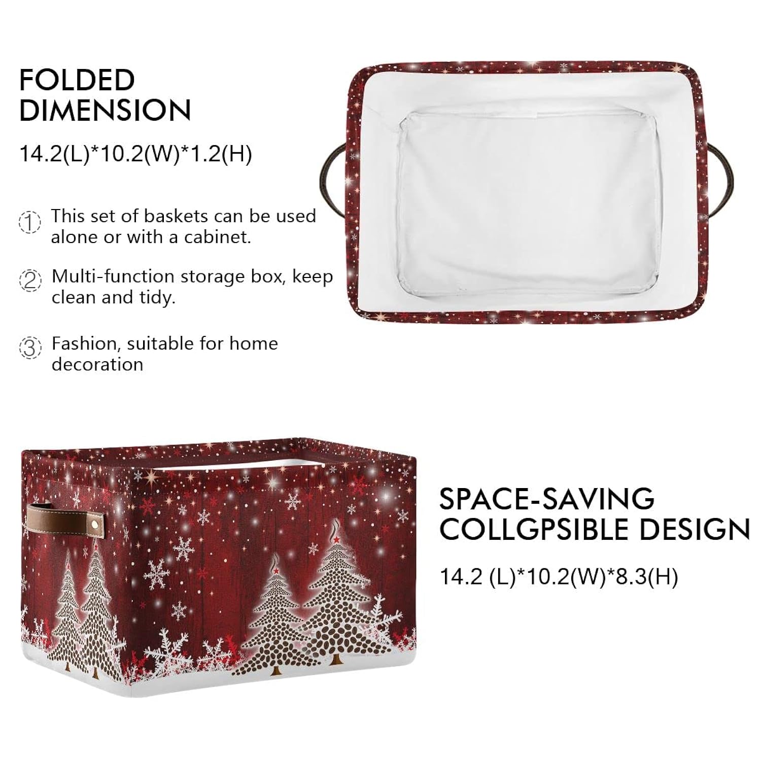Christmas Tree Red Storage Basket Fabric Laundry Baskets Winter Snowflake Snowman Xmas Storage Boxes Organizer Bag For Baby Cloth Dog Toy Book Storage Cubes Shelf Closet Bins 16×12×8 Inches