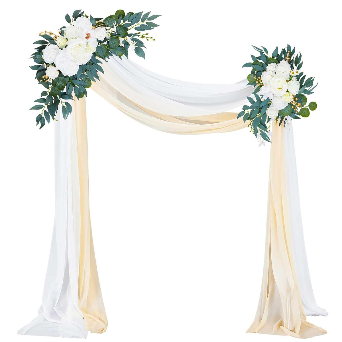 4 Pcs Wedding Arch Flowers And Drape Kit Include 2 Artificial Floral Swag And 2 White Chiffon Drapes, Faux Flower Set For Diy Wedding Party Reception Ceremony Backdrop Rose Decoration