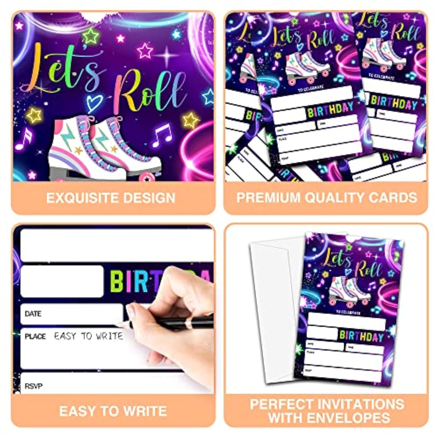 Birthday Invitations, 4"X6" Neon Roller Skating Birthday Party Invitations With Envelopes For Neon Glow Skate Party Decorations Supplies(20 Pieces)-C08