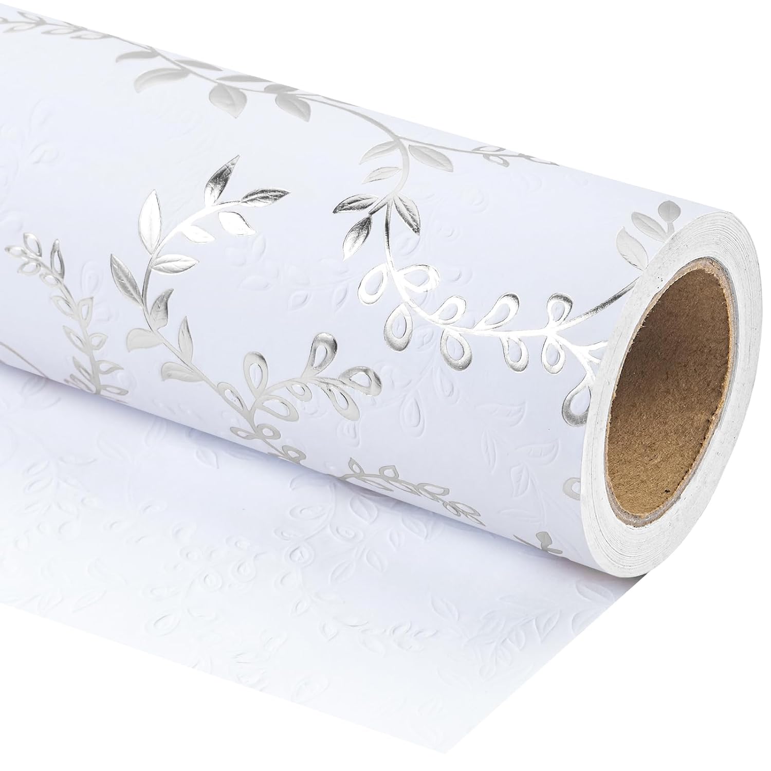 3D Kraft Wedding Wrapping Paper Roll - Mini Roll - 17 Inch X 16.5 Feet - Silver And White Leaves Design With Embossed Perfect For Birthday, Bridal Shower, Wedding, Baby Shower