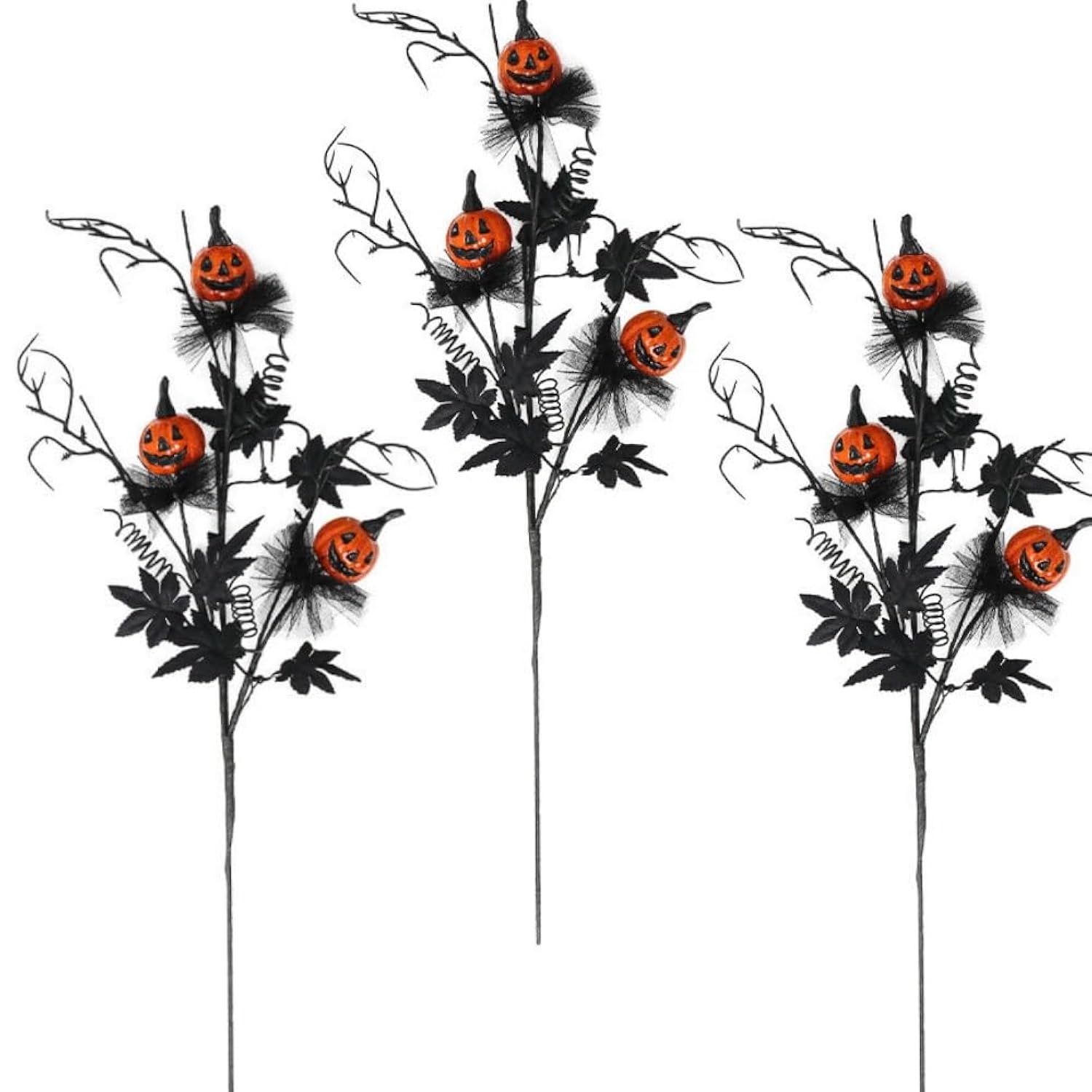 3 Pack Halloween Branches Picks Stems Glitter Fake Twig With Pumpkin Berries Black For Vases Haunted House Gothic Floral Decor Artificial Flowers Berry Stems For Vase (A)