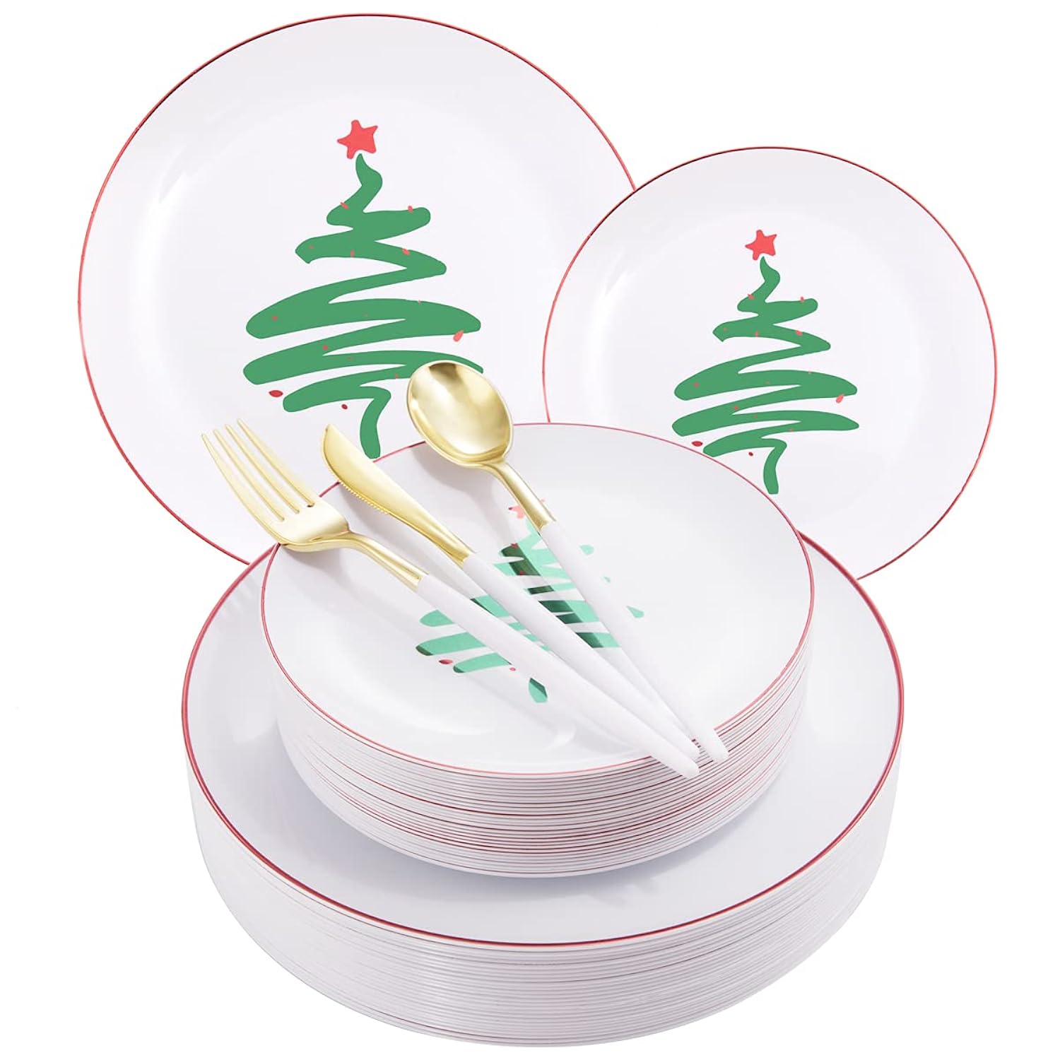 Liyh 150 Pcs Plastic Christmas Disposable Dinnerware Set, Disposable Christmas Plastic Plates With Red Rim, Gold Cutlery With White Handle, Tableware Dishes For Xmas Day 30 Guests