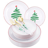 Liyh 150 Pcs Plastic Christmas Disposable Dinnerware Set, Disposable Christmas Plastic Plates With Red Rim, Gold Cutlery With White Handle, Tableware Dishes For Xmas Day 30 Guests