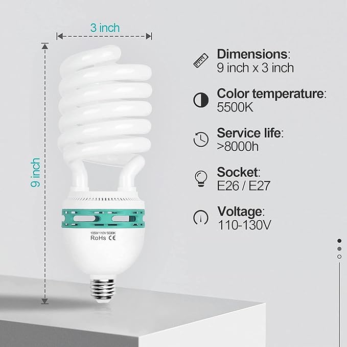 2 Pack 105W Full Spectrum CFL Light Bulbs 5500K Daylight Spiral Softbox Photography Studio Lighting