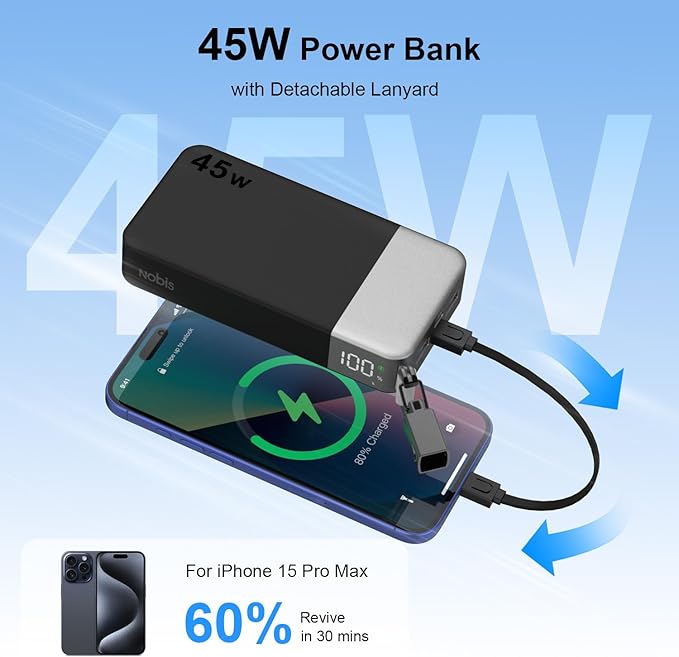 20000mAh 45W Power Bank with Detachable Cable 2C 2A Portable Charger Digital Display