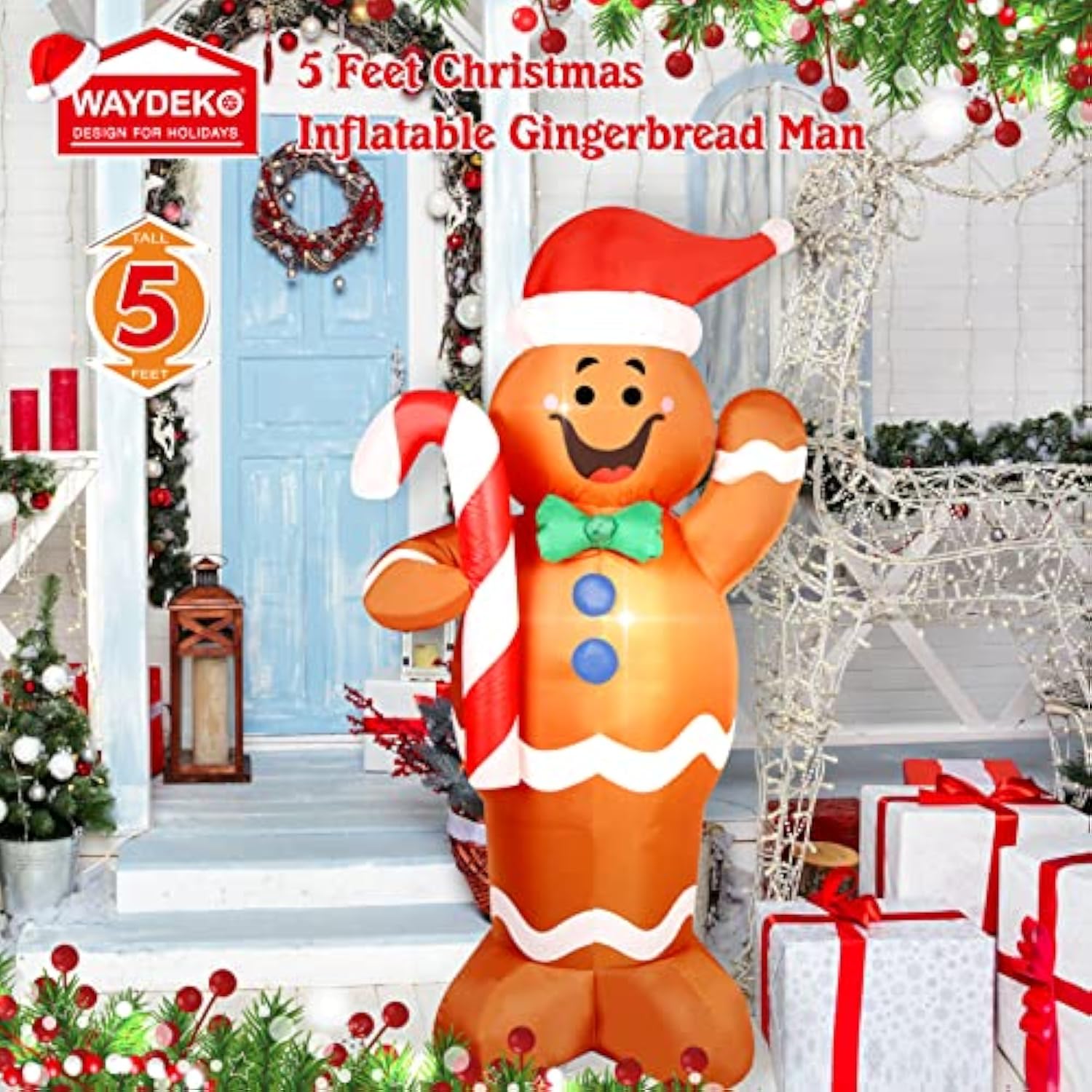 Christmas Inflatable Gingerbread Man Yard Decoration Lighted Blow Up Christmas Garden Lawn Decor 5 Feet (01- Gingerbread