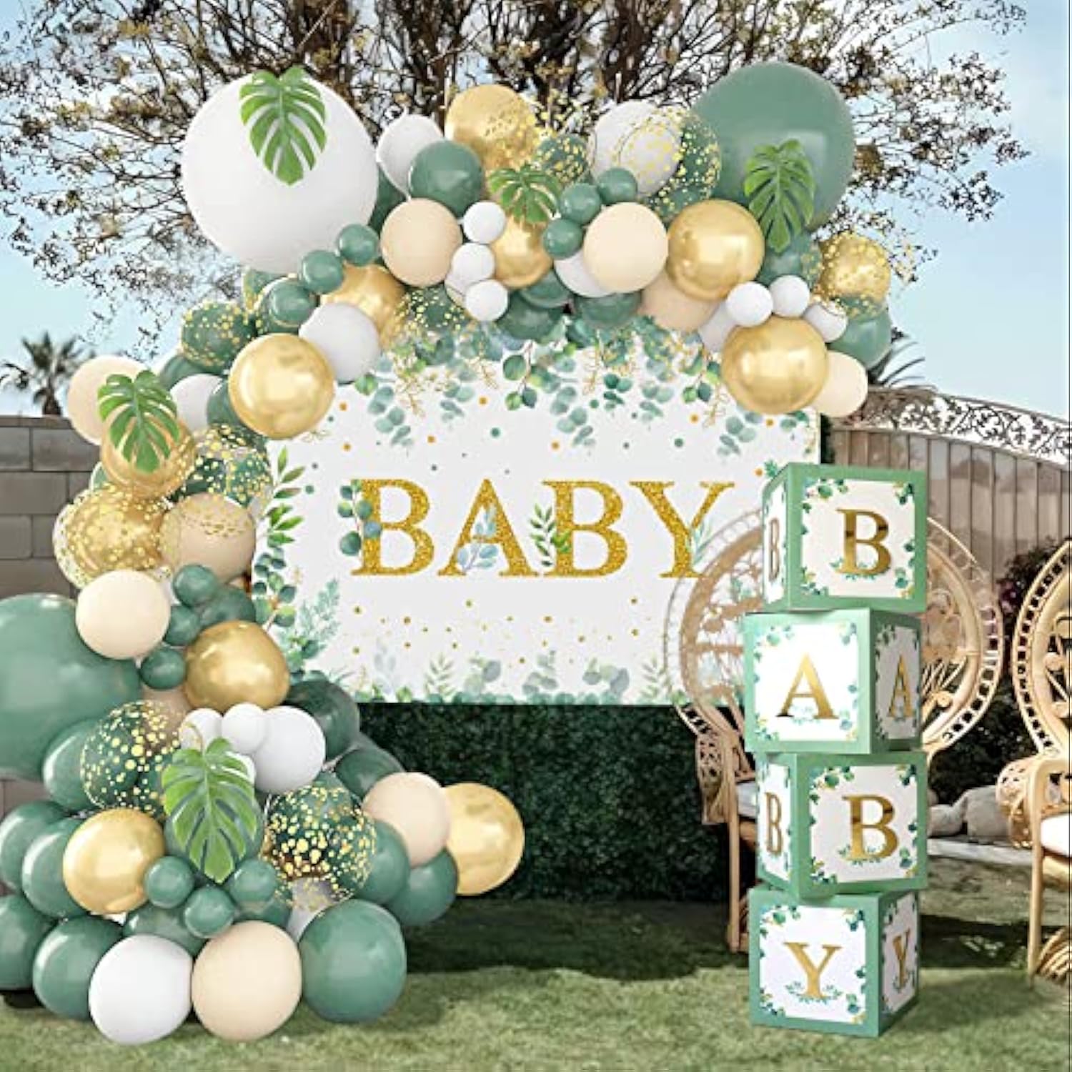 Sage Green Baby Shower Decor: Balloons, Backdrop & Boxes