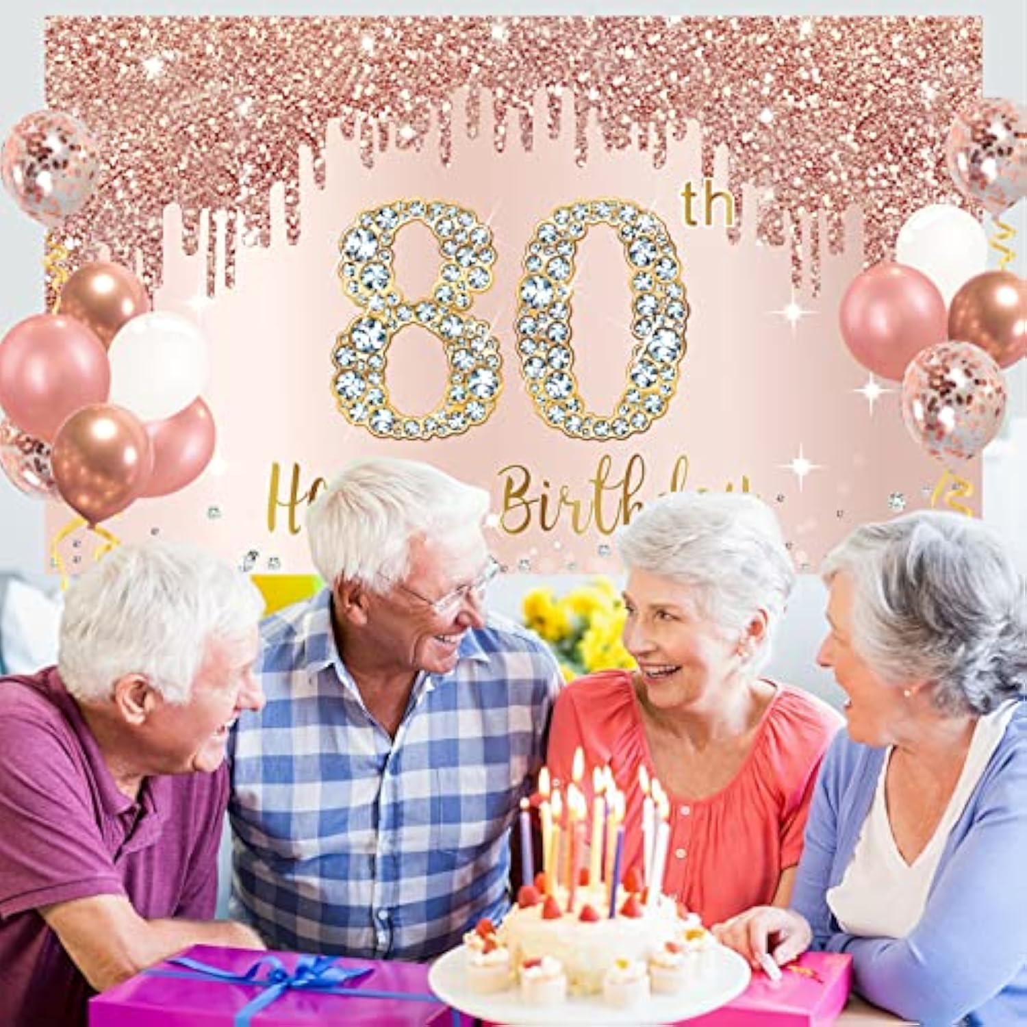 Happy 80Th Birthday Banner Backdrop Decorations With Confetti Balloon