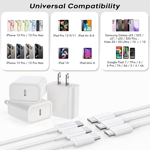3 Pack 20W USB C Fast Charger with 6FT USB C Cable for iPhone 17 16 15 iPad Wall Charger