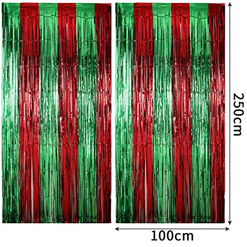 3 Pack Christmas Foil Fringe Curtains 3.28 x 8.2 ft, Red with Green