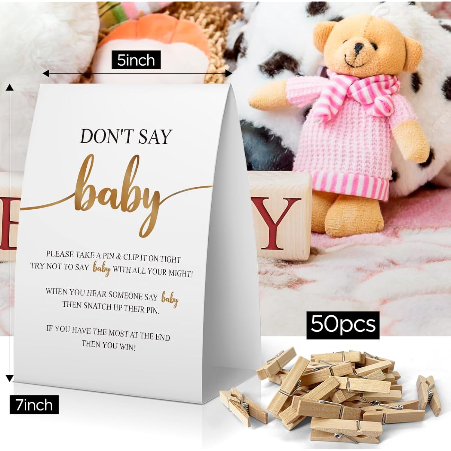Don'T Say Baby Baby Shower Game, Baby Shower Decorations, Gold & Black Don'T Say Baby Sign, Fun Baby Shower Games, Clothespins For Baby Shower-Dsba32