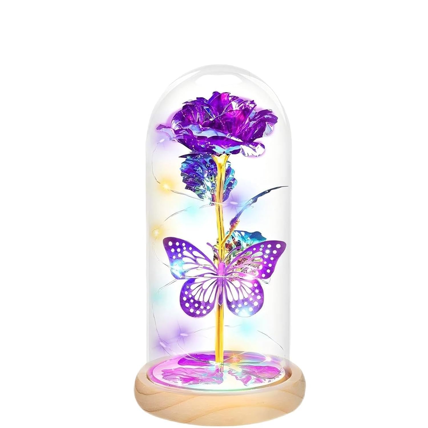 Rose Butterfly Artificial Flowers Eternal Glass Covered Wooden Base Led Lights Gifts For Ladies, Mothers, Daughters,Lovers On Birthdays,Mother'S Day,Anniversaries,Valentine'S Day,Christmas, Weddings
