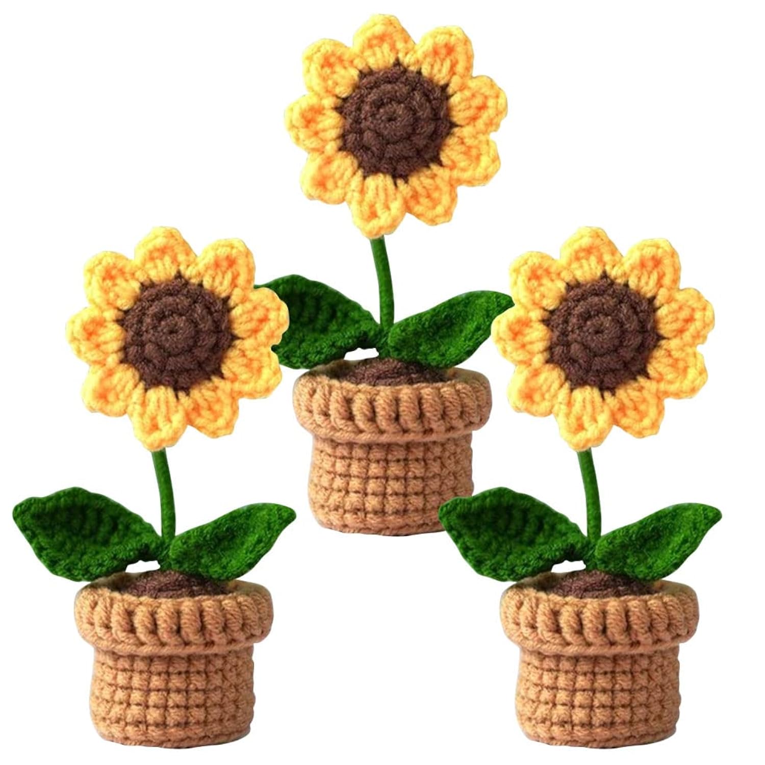 3Pcs Mini Crochet Sunflower Potted Plant,Knitted Fake Sunflower For Bathroom Home Kitchen Rustic Table Centerpiece Shelf Decor