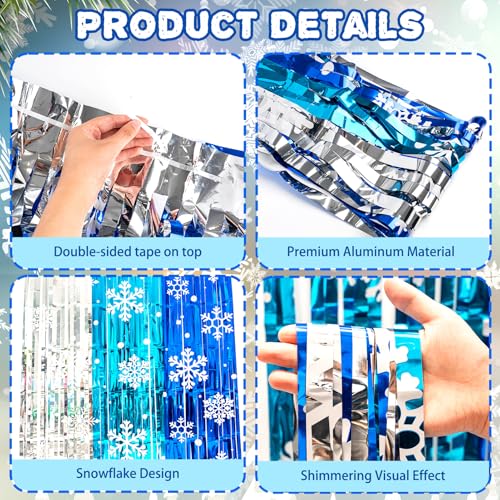 Frozen Birthday Party Decorations 2 Pack Christmas Foil Fringe Curtains 3.3 X 6.6ft Silver Blue Snowflake Tinsel Streamers Photo Backdrop for Christmas Winter Wonderland Decorations