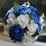 Mini Dainty Bouquet Toss For Wedding Artificial Pe Fake Rose Round Flower Bunch For Bridesmaids Flower Girls(White & Royal Blue, 6.7")