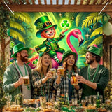 St. Patrick’S Day Banner 71X43 Inch Green Holiday Party Banner Featuring Irish Boy On Pink Flamingo Glowing Clover Tropical Forest Scene For St. Patrick’S Day Decoration Photo Background Wall Display