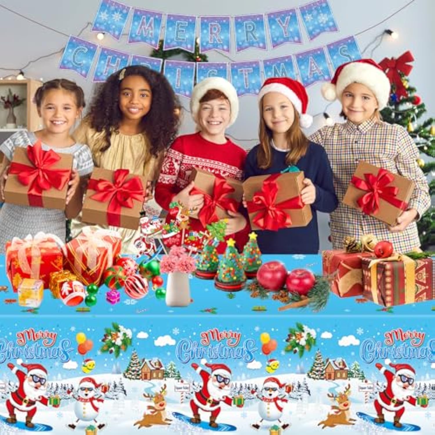 3 Pcs Merry Christmas Tablecloth - Xmas Cool Santa Claus Plastic Table Cloth Disposable Rectangular Blue White Table Covers For Christmas Tables Decorations Party Supplies Decor, 108 X 54 Inch