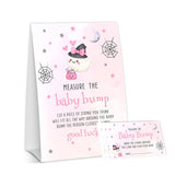 Halloween Baby Shower Games, Pumpkin Measure The Baby Bump Sign + 50 Tickets, Pink Ghost Gender Reveal Party Game Cards For Announcement Supplies - A03