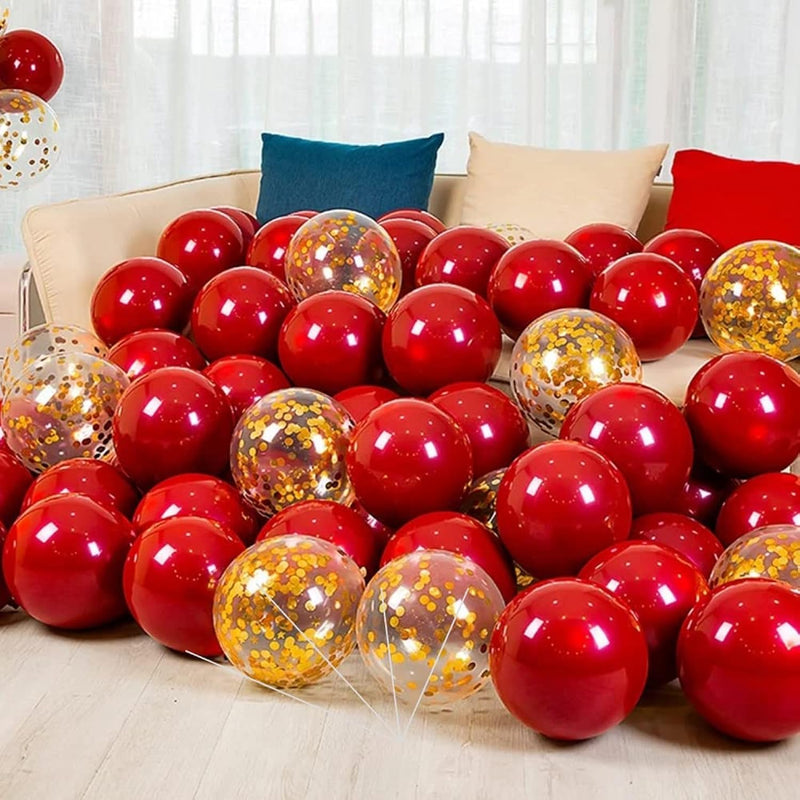 50Pcs Transparent Gold Confetti Red Ruby Latex Balloons, 12Inch Clear