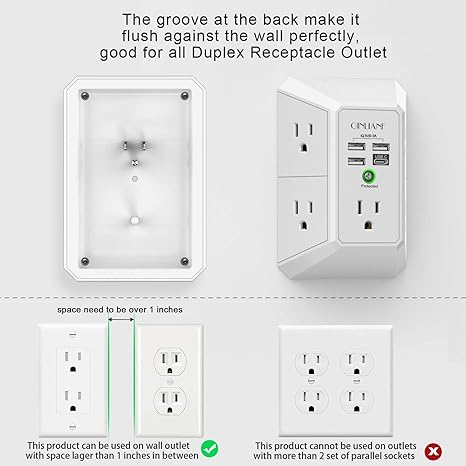Wall Charger Surge Protector with 5 Outlets 4 USB Ports 1680J Multi Plug Adapter for Home Office Travel
