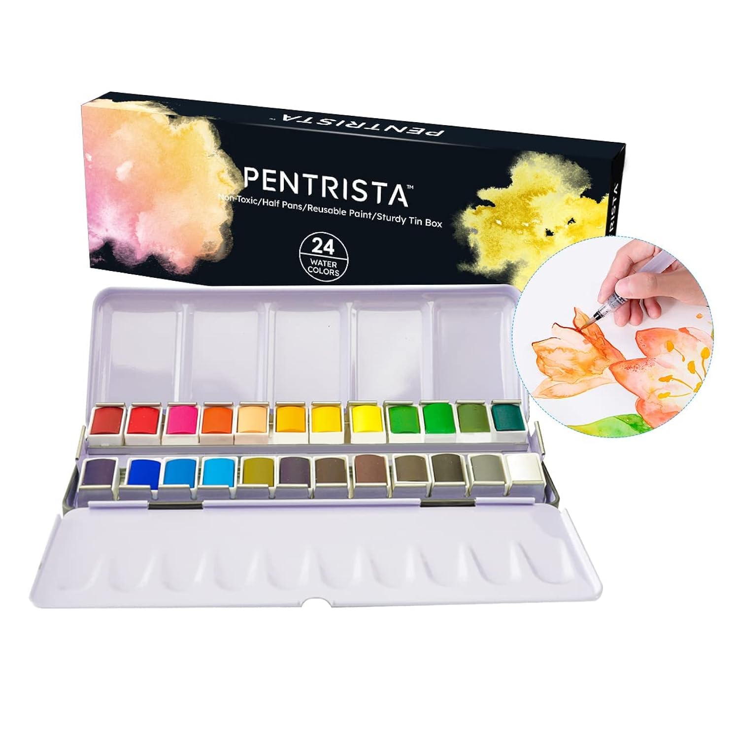 24 Colors Solid Watercolor Paint Set With Refillable Water Brush, Artist-Grade Half Pans In Tin Box - Professional Watercolor Kit For Artists, Adults, Beginners And Painting Lovers