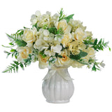 Artificial Rose Silk Hydrangea Flowers Bouquets With Vase Rustic Fake Flowers For Home Decoration Table Centerpiece (Champagne)