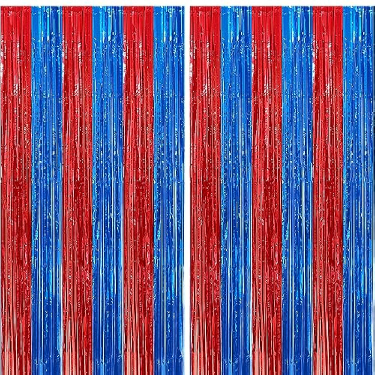 2Pack Red & Blue Foil Fringe Curtains, Tinsel Streamer Backdrops for Party Decor