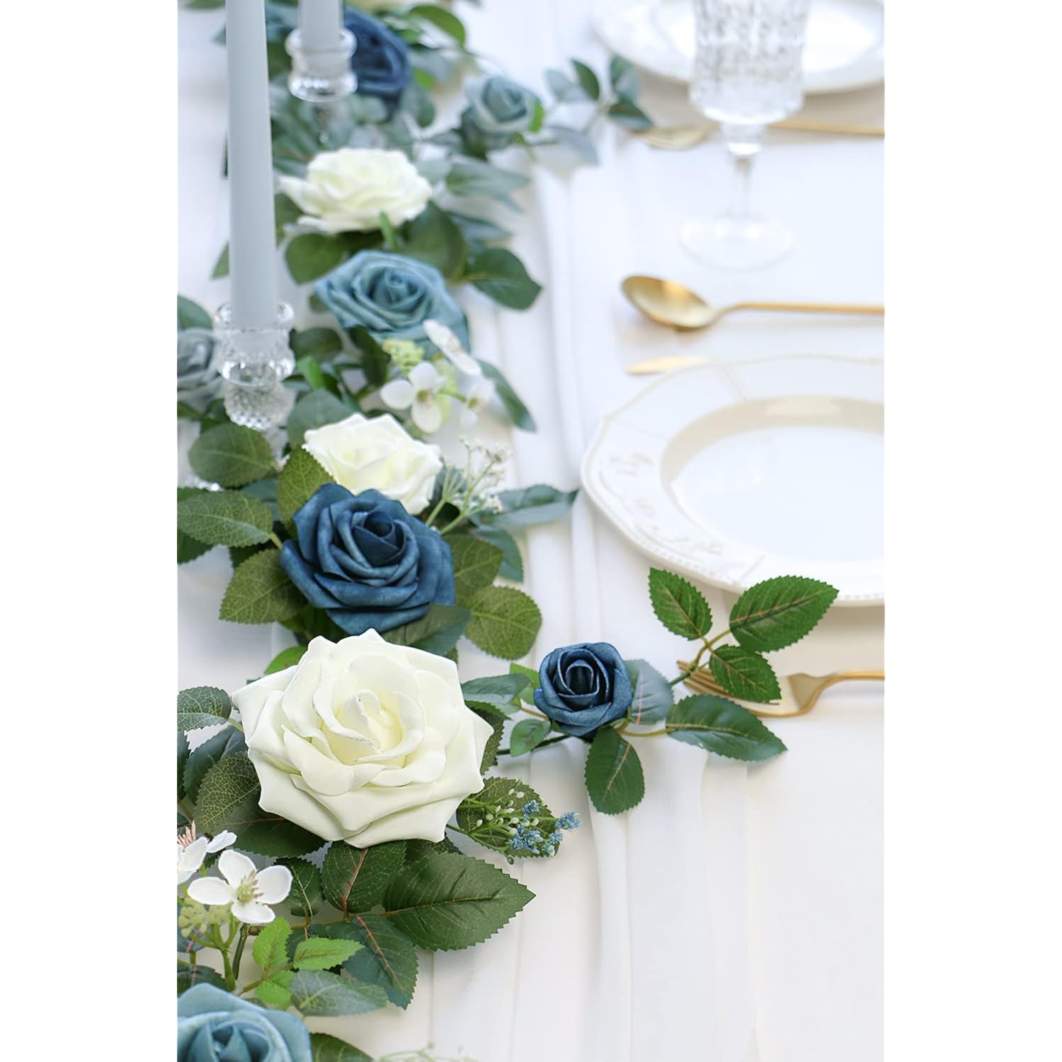 5Ft Handcrafted Artificial Rose Flower Garland, Dusty Blue Flowers Greenery Garland For Wedding Ceremony Garlands Backdrop Arch Flowers, Ceremony Reception Table Decorations