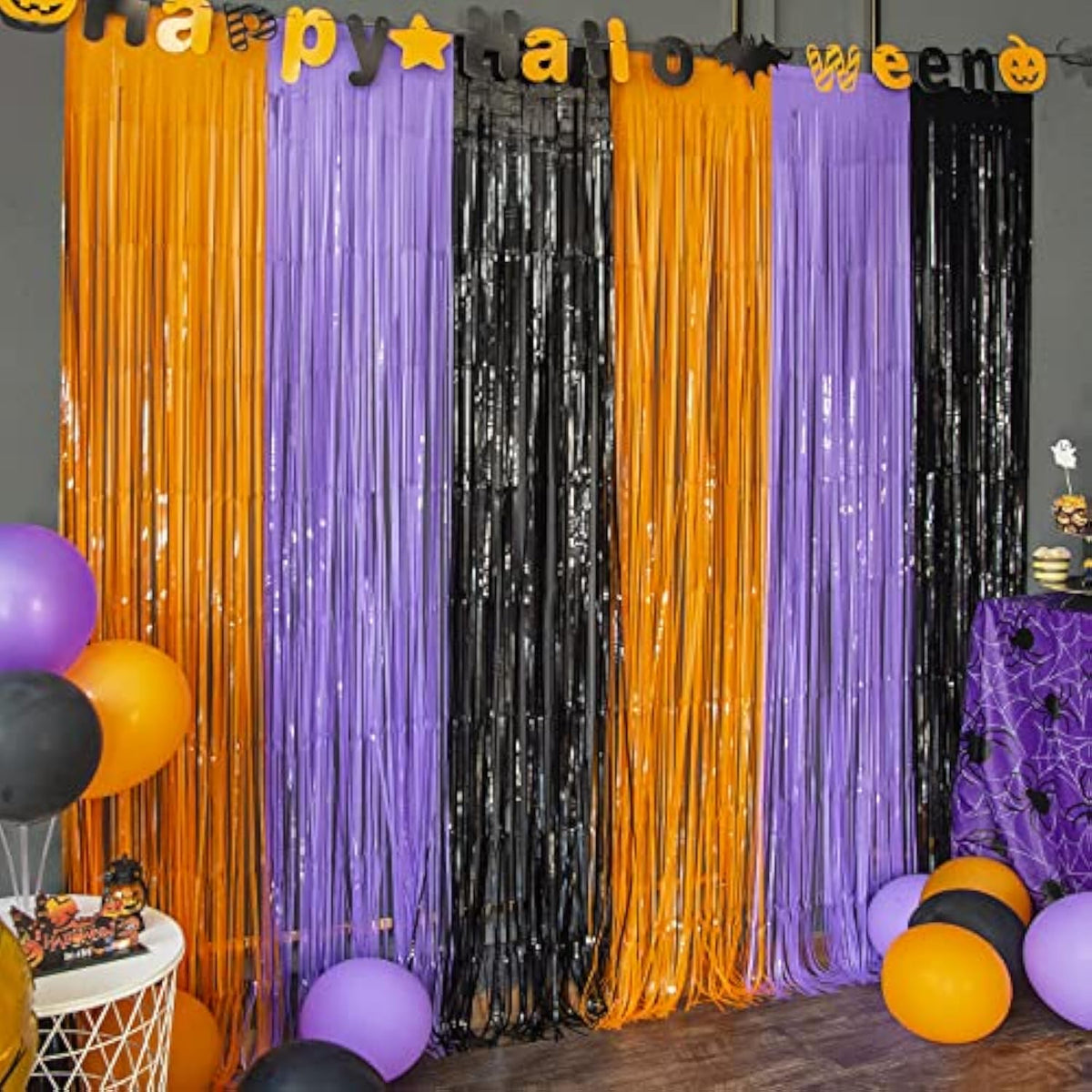 3 Pack Halloween Foil Fringe Curtains Backdrop Orange Purple Black Party Decor