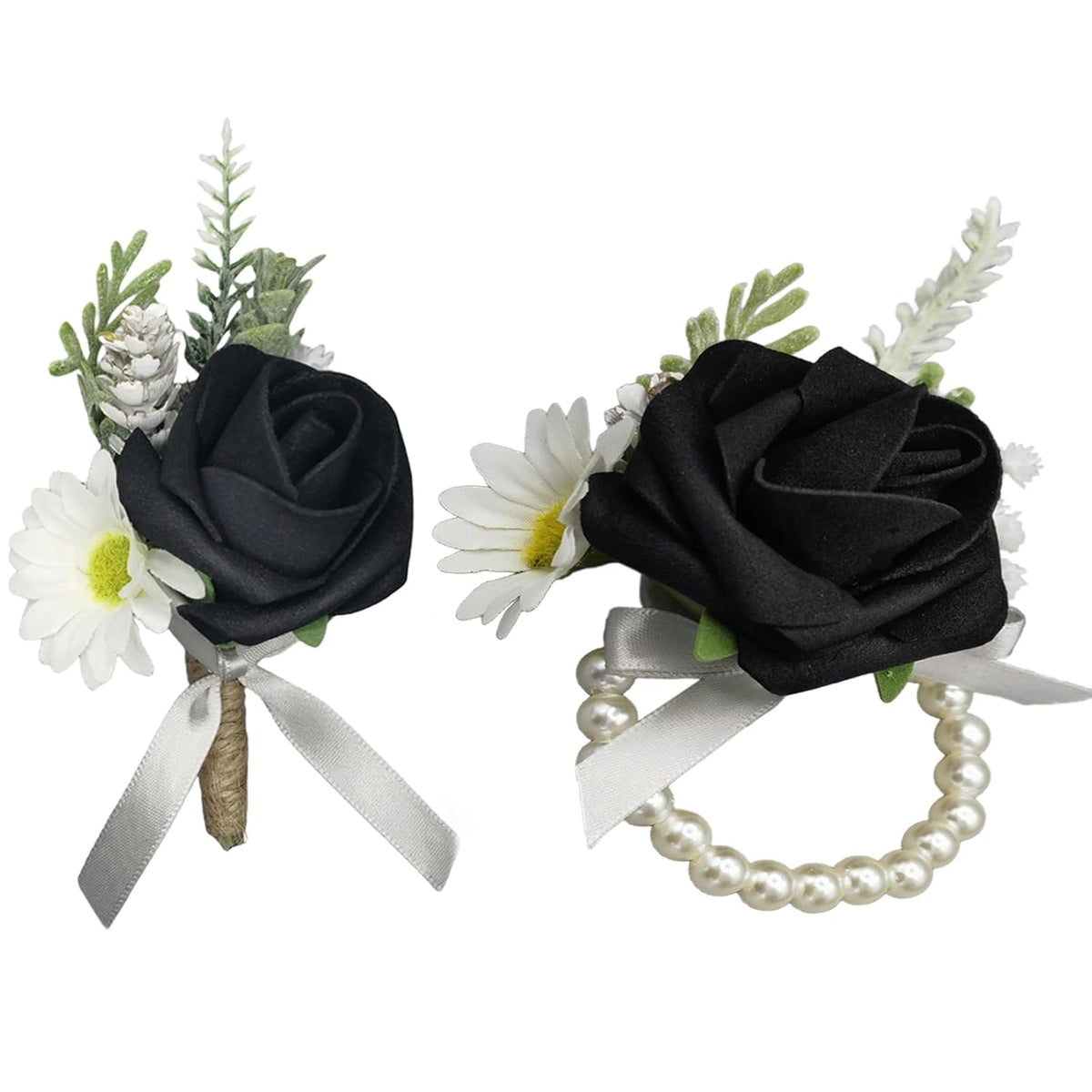 Corsage And Boutonniere Set Elegant Black Artificial Rose Corsage Boutonniere For Men Prom, Wedding Groom Groomsmen Bride Bridesmaids, Homecoming, And Formal Events (Black-1 Sets)