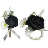 Corsage And Boutonniere Set Elegant Black Artificial Rose Corsage Boutonniere For Men Prom, Wedding Groom Groomsmen Bride Bridesmaids, Homecoming, And Formal Events (Black-1 Sets)
