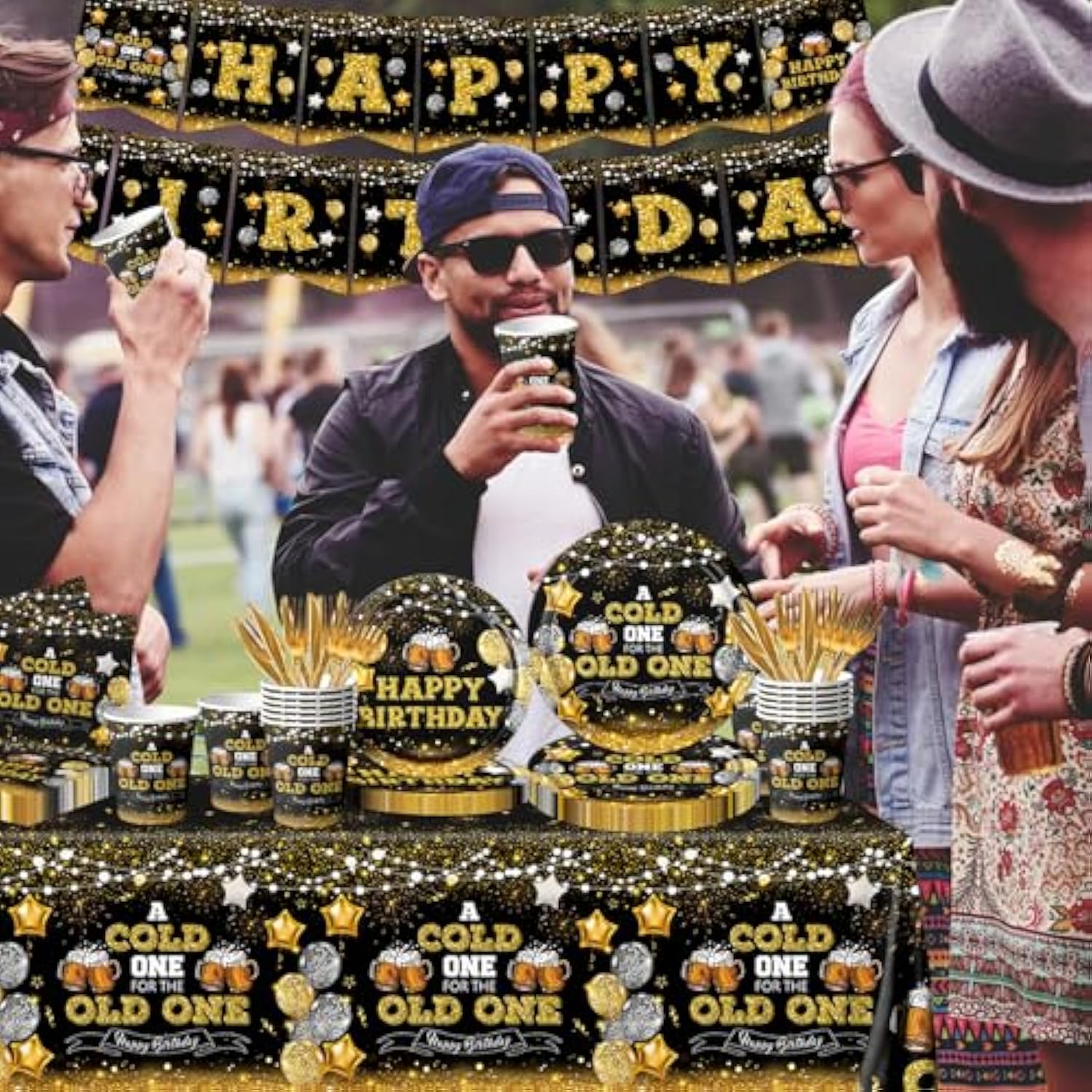 142Pcs Beer Birthday Decorations For Men A Cold One For The Old One Birthday Decorations With Plates Napkins Cups Tablecloth And Banner Black And Gold Party Decorations For 20Th 30Th 40Th 50Th
