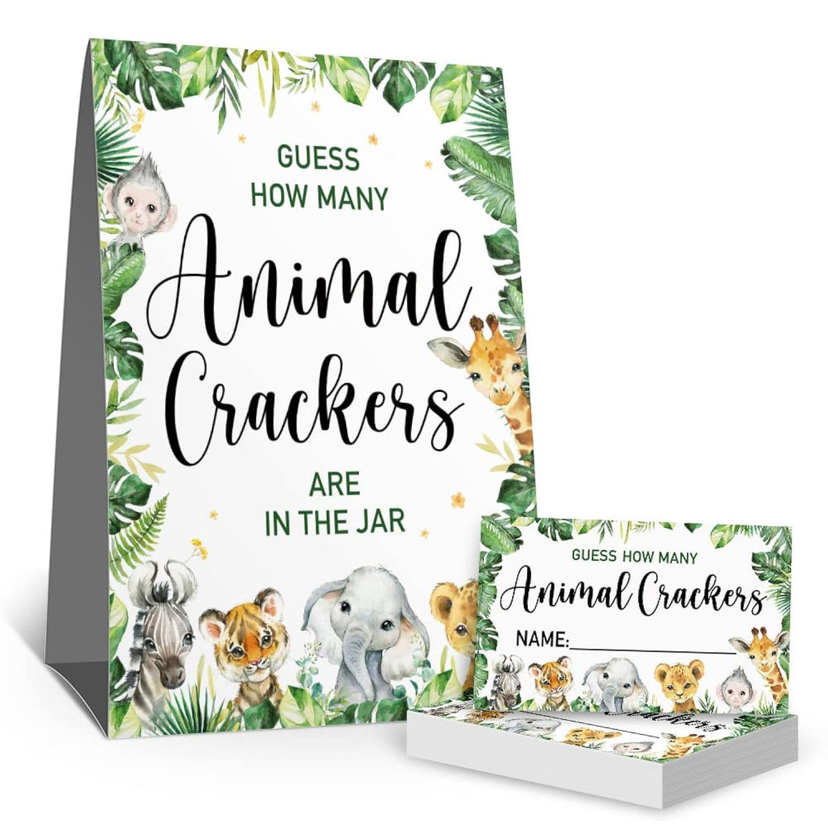 Guessing Animal Crackers Baby Shower Party Game Cards, Safari Jungle Zoo Animals Baby Shower Raffle Insert Ticket, Baby Showers Party Decorations Game Cards Kit (1 Standing Sign + 50 Guessing Cards)
