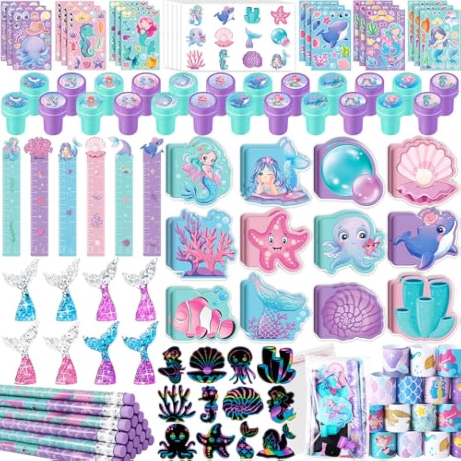 240Pcs Mermaid Party Favors Little Mermaid Pencils Stickers School Stationery Bulk For Kids Mermaid Birthday Decor Baby Shower Candy Goodie Bag Stuffer Classroom Rewards Pinata Supplies