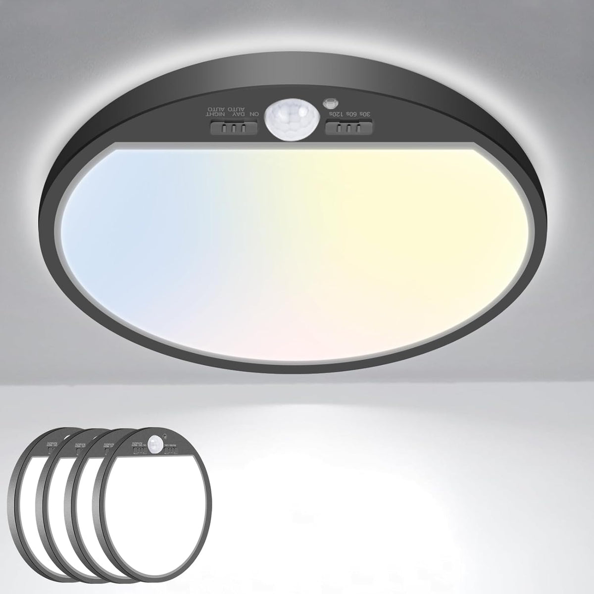 4Pack Motion Sensor Light Indoor Wired, 12 Inch 3000K/4000K/6500K Closet Lights Motion Sensored, 24W 2400Lm Flush Mount Ceiling Light For Hallway Pantry Stairwell Porch, Black